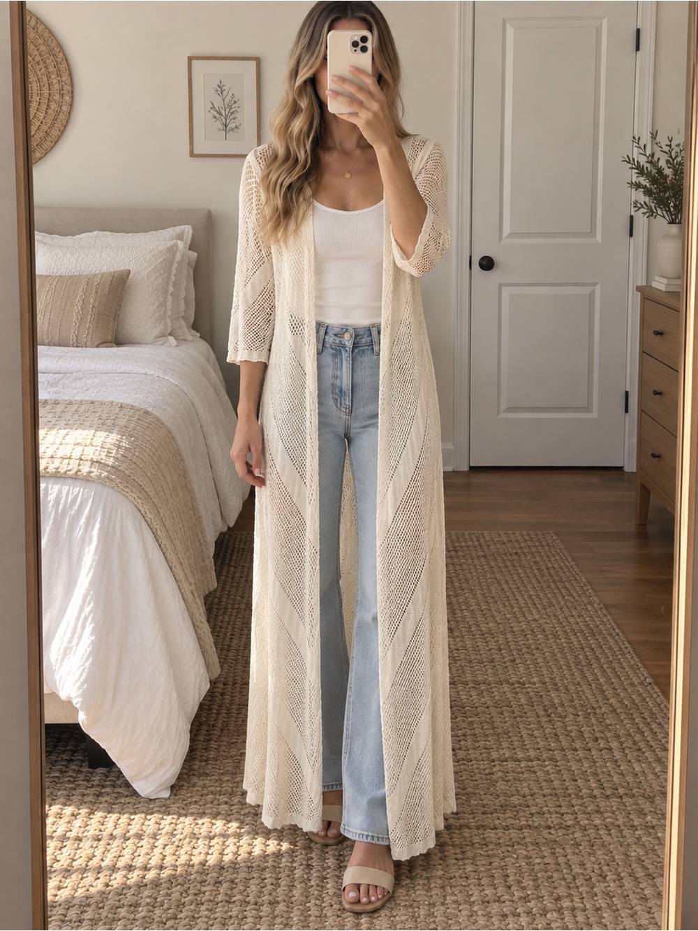 Long Open Knit Duster Cardigan in Cream